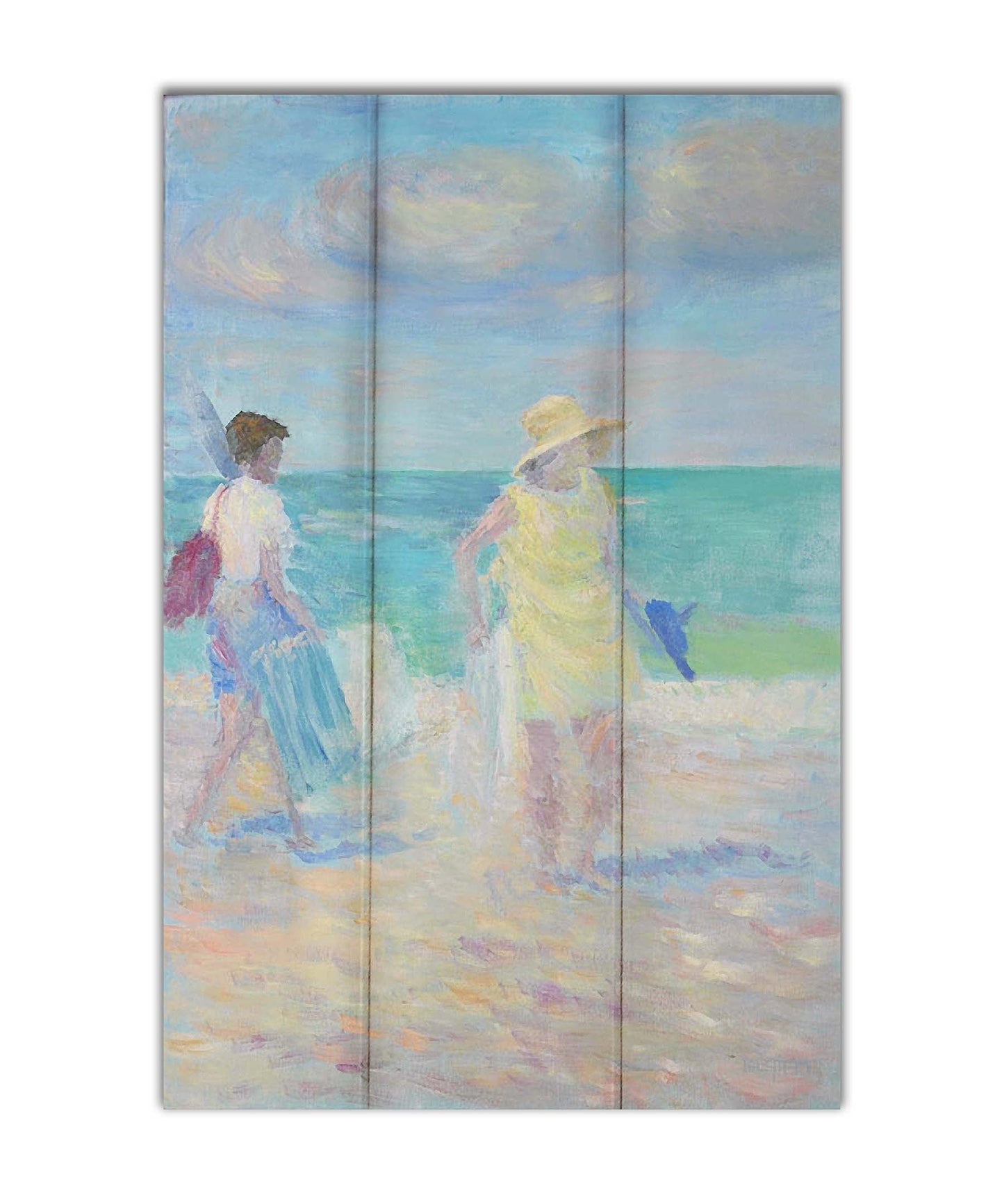 A painting of two people on the beach, carrying towels and chairs and umbrellas. The ocean is calm behind them as they walk through the sand. Printed on a box board.