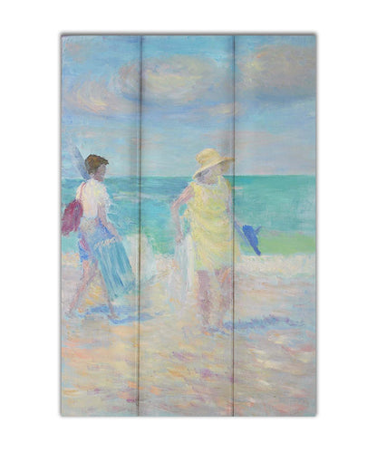 A painting of two people on the beach, carrying towels and chairs and umbrellas. The ocean is calm behind them as they walk through the sand. Printed on a box board.