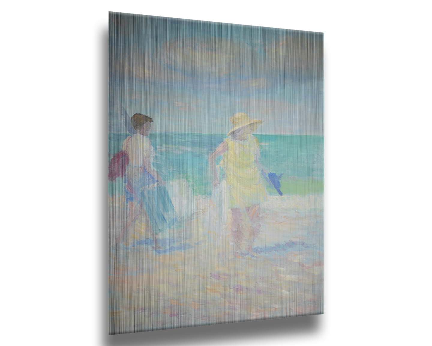 A painting of two people on the beach, carrying towels and chairs and umbrellas. The ocean is calm behind them as they walk through the sand. Printed on metal.