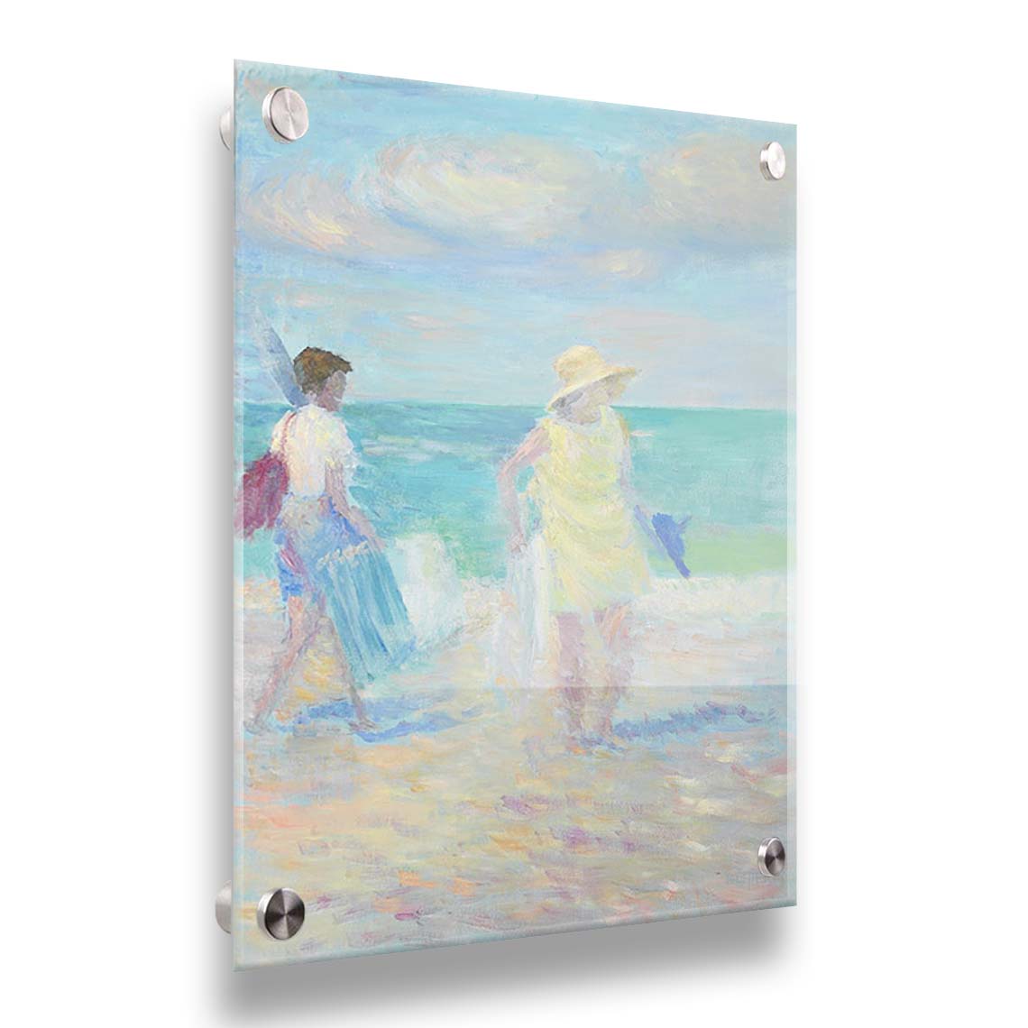 A painting of two people on the beach, carrying towels and chairs and umbrellas. The ocean is calm behind them as they walk through the sand. Printed on acrylic.