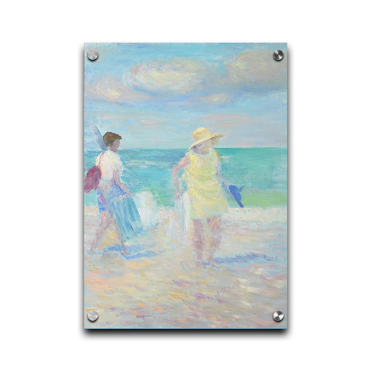 A painting of two people on the beach, carrying towels and chairs and umbrellas. The ocean is calm behind them as they walk through the sand. Printed on acrylic.