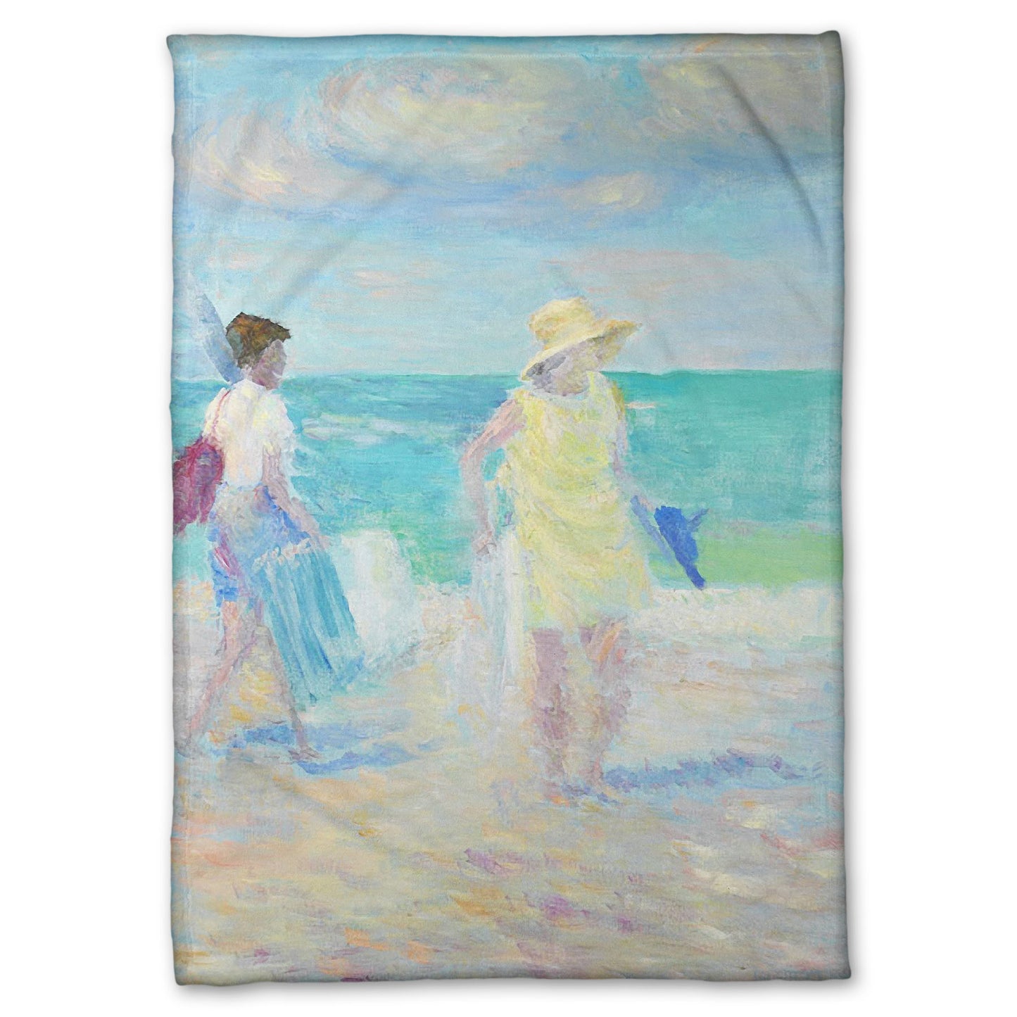 A fleece throw blanket designed with a painting of two people on the beach, carrying towels and chairs and umbrellas. The ocean is calm behind them as they walk through the sand.