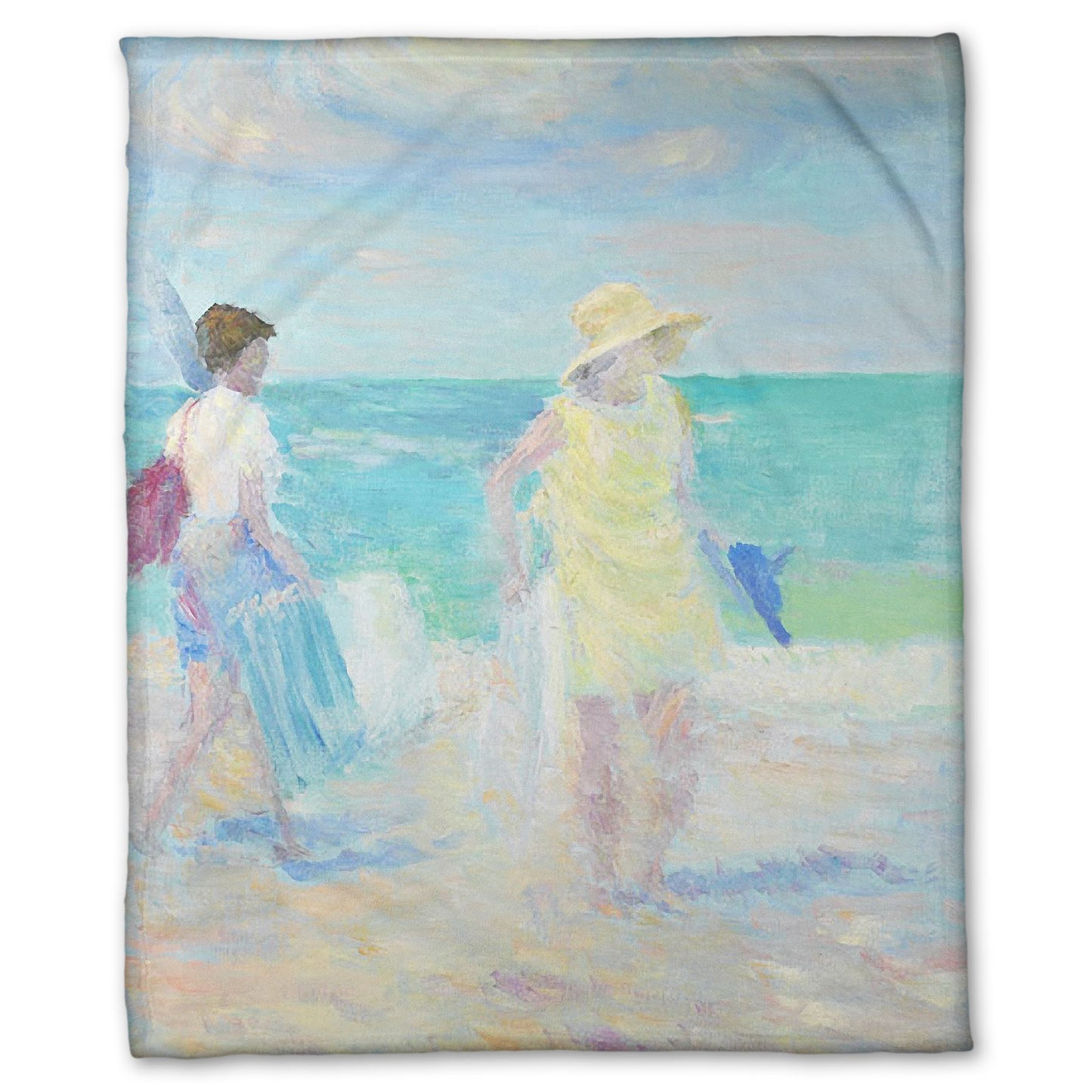 A fleece throw blanket designed with a painting of two people on the beach, carrying towels and chairs and umbrellas. The ocean is calm behind them as they walk through the sand.