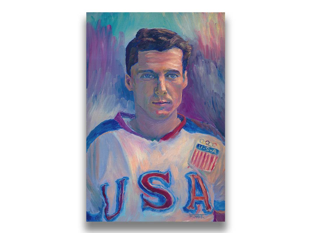 A portrait painting of a United States Olympic hockey player in a cool color pallet of blues, purples, and pinks. Printed on canvas.