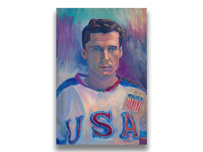 A portrait painting of a United States Olympic hockey player in a cool color pallet of blues, purples, and pinks. Printed on canvas.