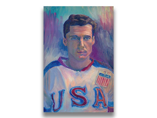 A portrait painting of a United States Olympic hockey player in a cool color pallet of blues, purples, and pinks. Printed on canvas.