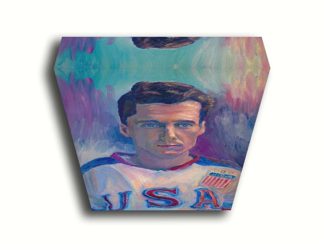 A portrait painting of a United States Olympic hockey player in a cool color pallet of blues, purples, and pinks. Printed on canvas.