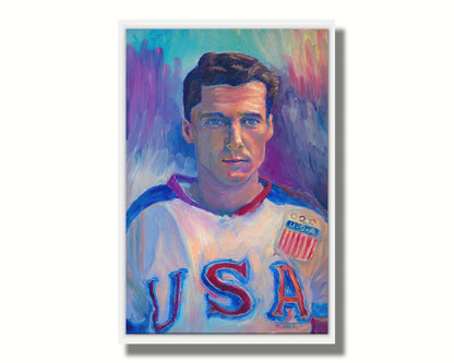 A portrait painting of a United States Olympic hockey player in a cool color pallet of blues, purples, and pinks. Printed on canvas in a float frame.