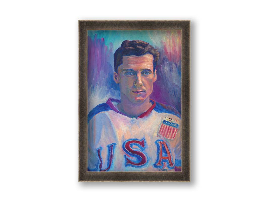 A portrait painting of a United States Olympic hockey player in a cool color pallet of blues, purples, and pinks. Printed on canvas and framed.