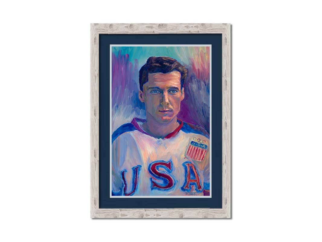 A portrait painting of a United States Olympic hockey player in a cool color pallet of blues, purples, and pinks. Printed on paper, matted, and framed.