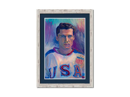 A portrait painting of a United States Olympic hockey player in a cool color pallet of blues, purples, and pinks. Printed on paper, matted, and framed.