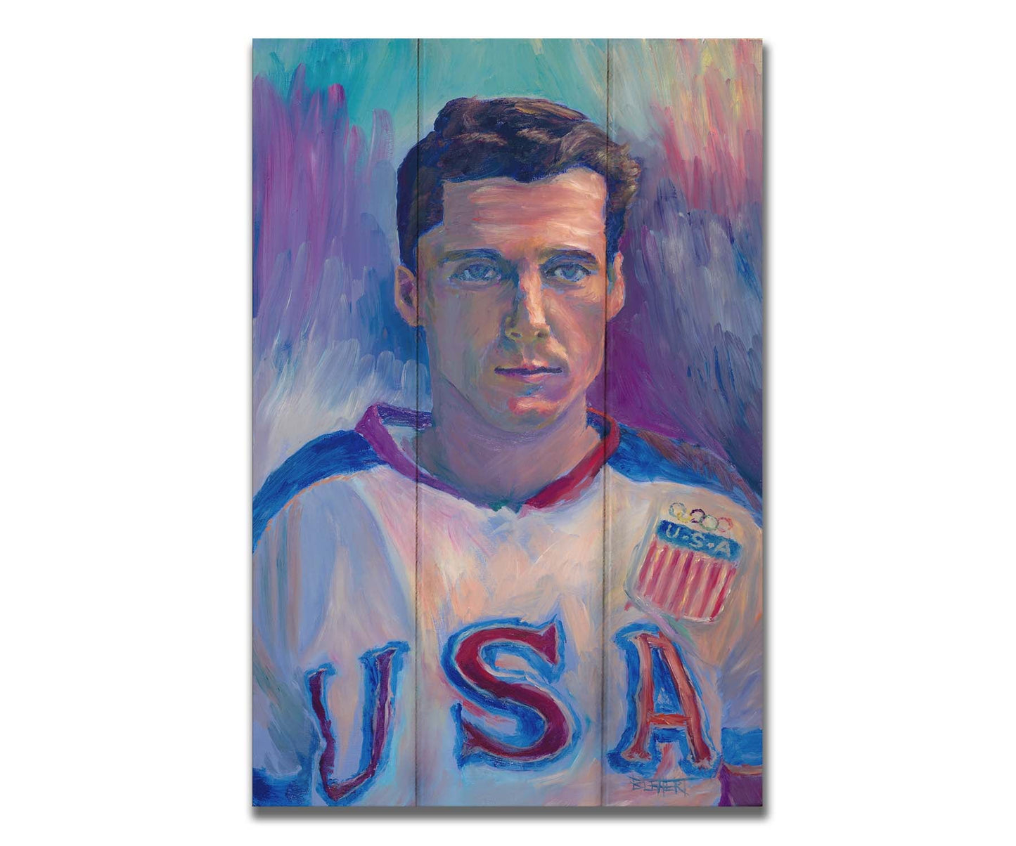 A portrait painting of a United States Olympic hockey player in a cool color pallet of blues, purples, and pinks. Printed on a box board.