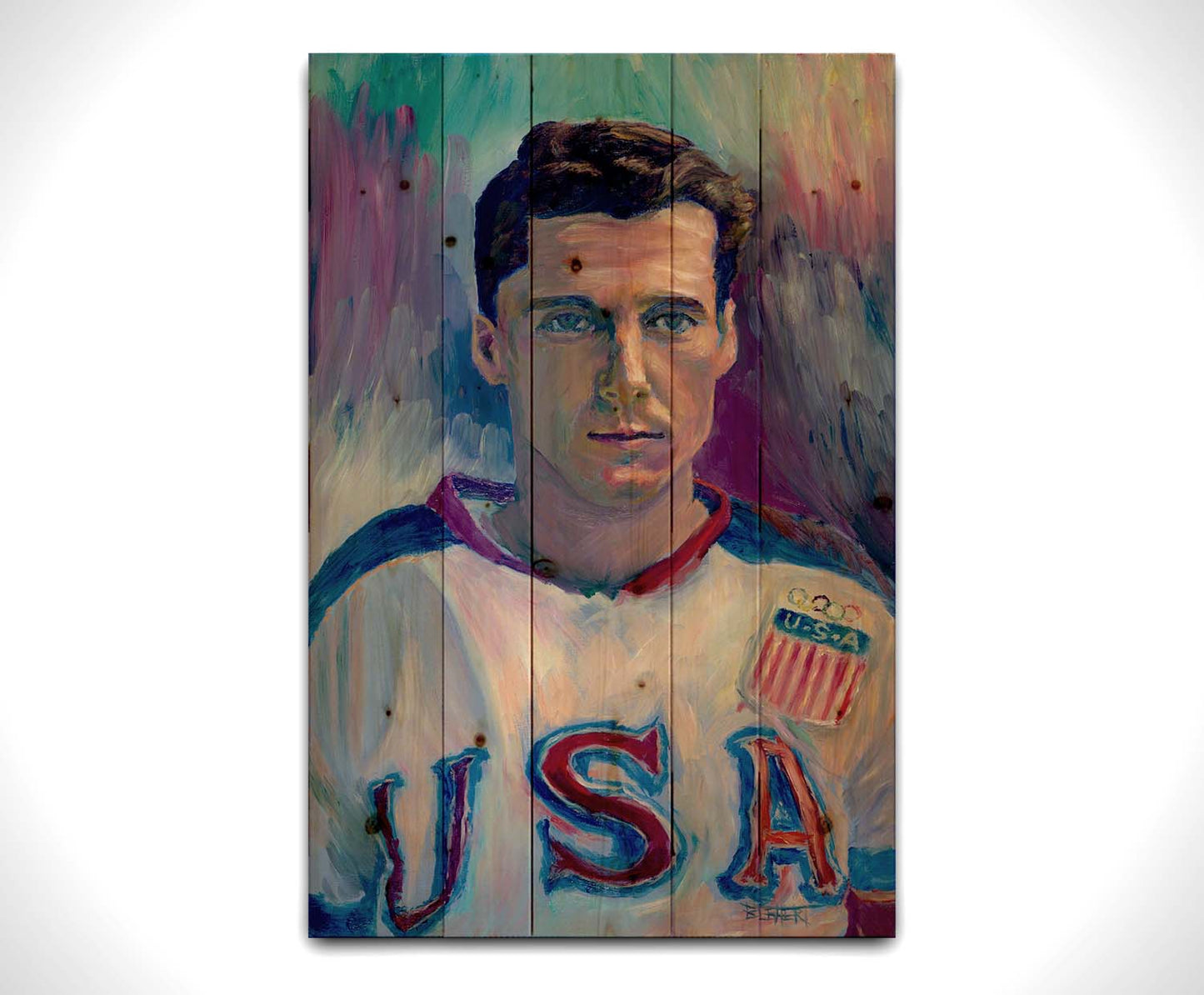 A portrait painting of a United States Olympic hockey player in a cool color pallet of blues, purples, and pinks. Printed on a wood pallet.