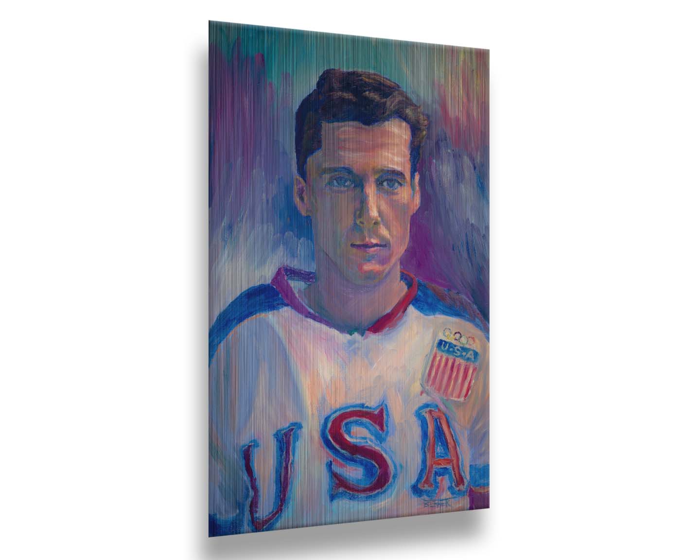 A portrait painting of a United States Olympic hockey player in a cool color pallet of blues, purples, and pinks. Printed on metal.