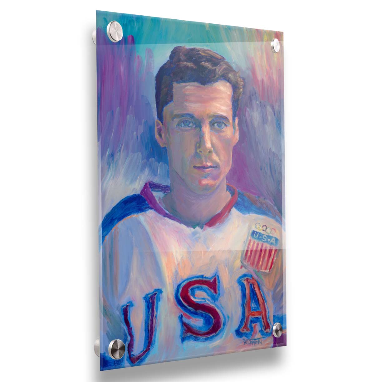 A portrait painting of a United States Olympic hockey player in a cool color pallet of blues, purples, and pinks. Printed on acrylic.