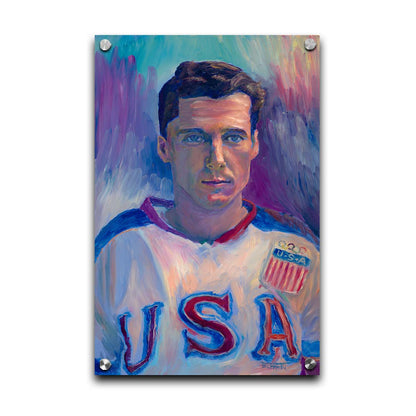 A portrait painting of a United States Olympic hockey player in a cool color pallet of blues, purples, and pinks. Printed on acrylic.