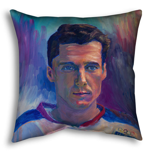 A throw pillow designed with a portrait painting of a United States Olympic hockey player in a cool color pallet of blues, purples, and pinks.
