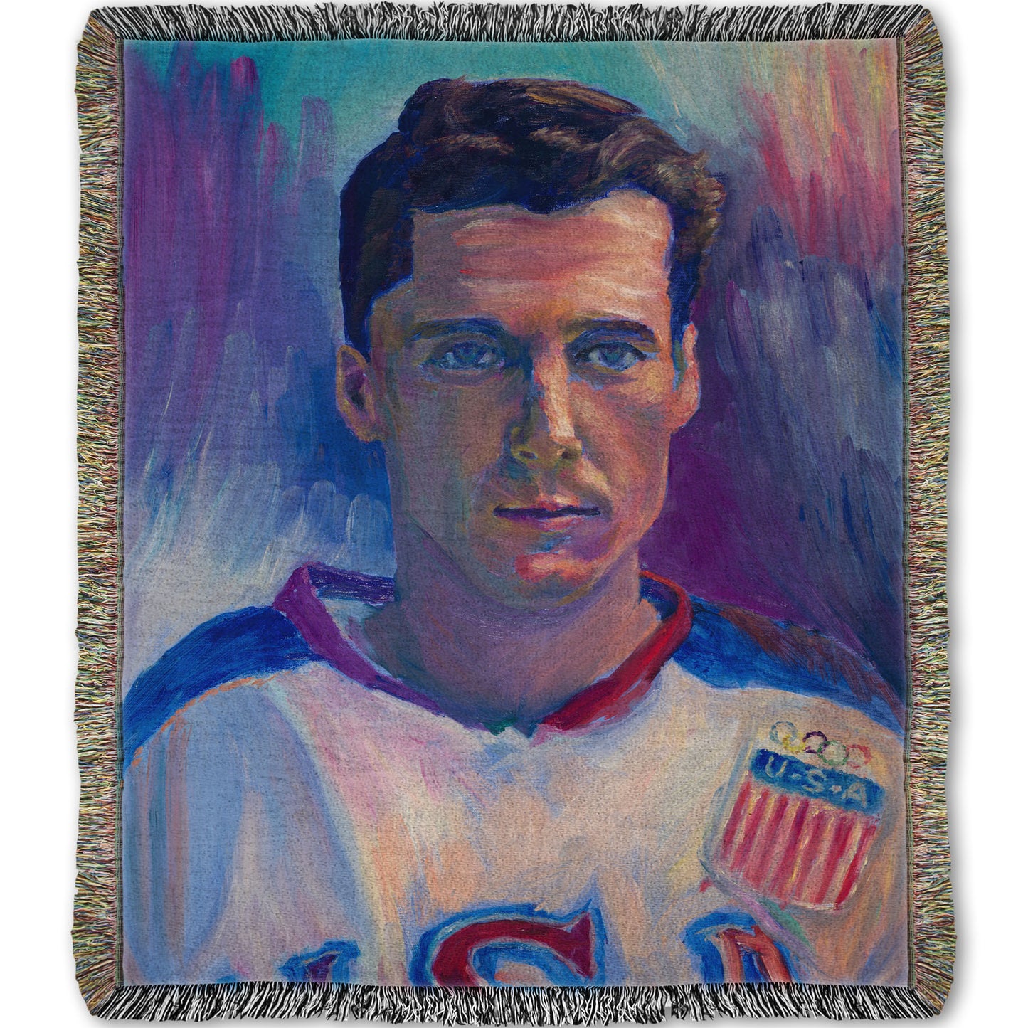 A woven throw blanket designed with a portrait painting of a United States Olympic hockey player in a cool color pallet of blues, purples, and pinks.