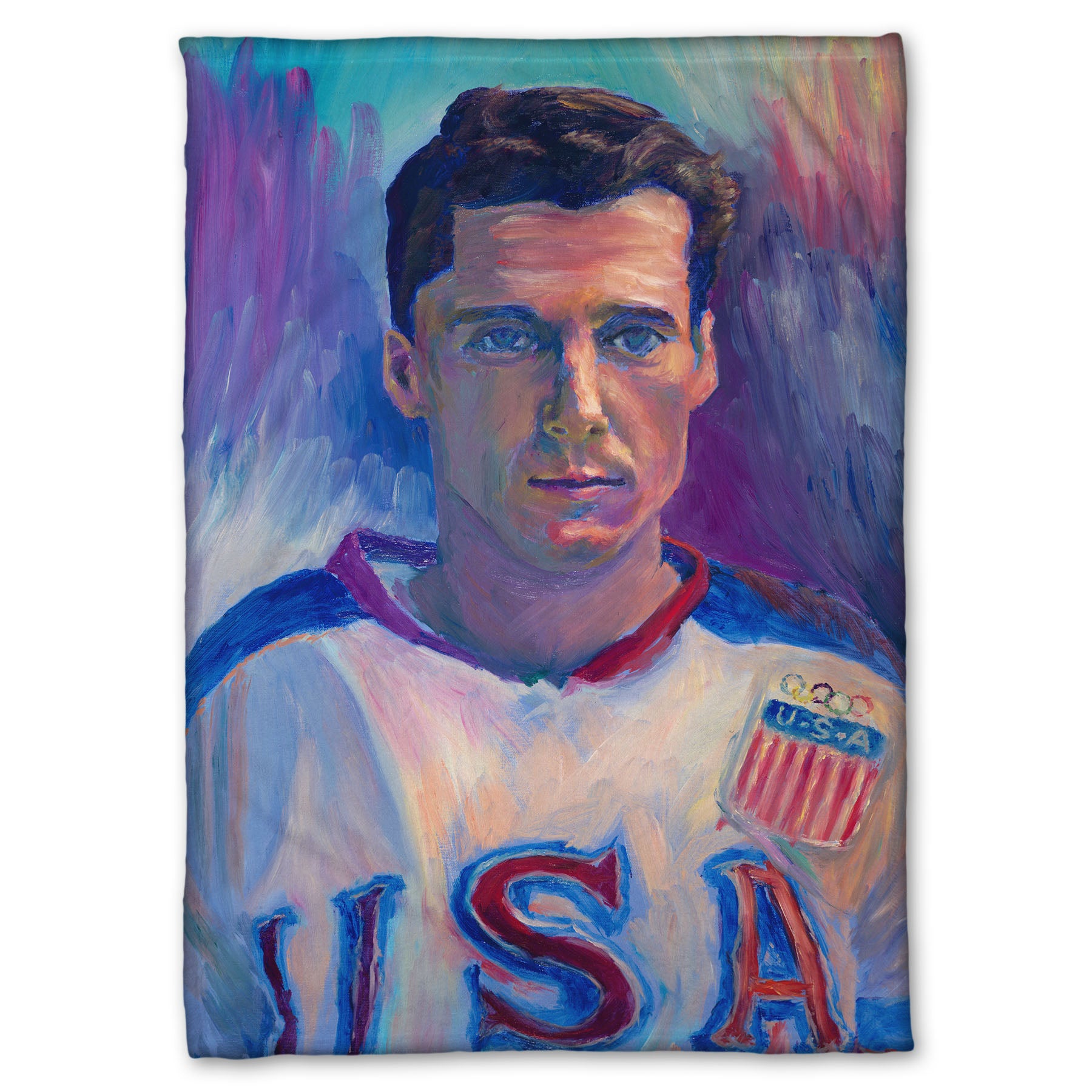A fleece throw blanket designed with a portrait painting of a United States Olympic hockey player in a cool color pallet of blues, purples, and pinks.