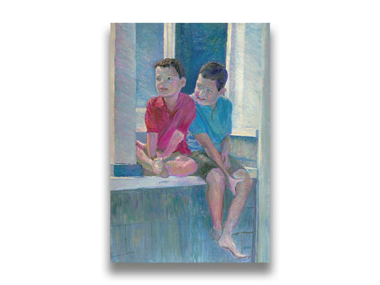 A painting of two children sitting on a window ledge. Printed on canvas.