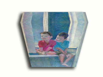 A painting of two children sitting on a window ledge. Printed on canvas.