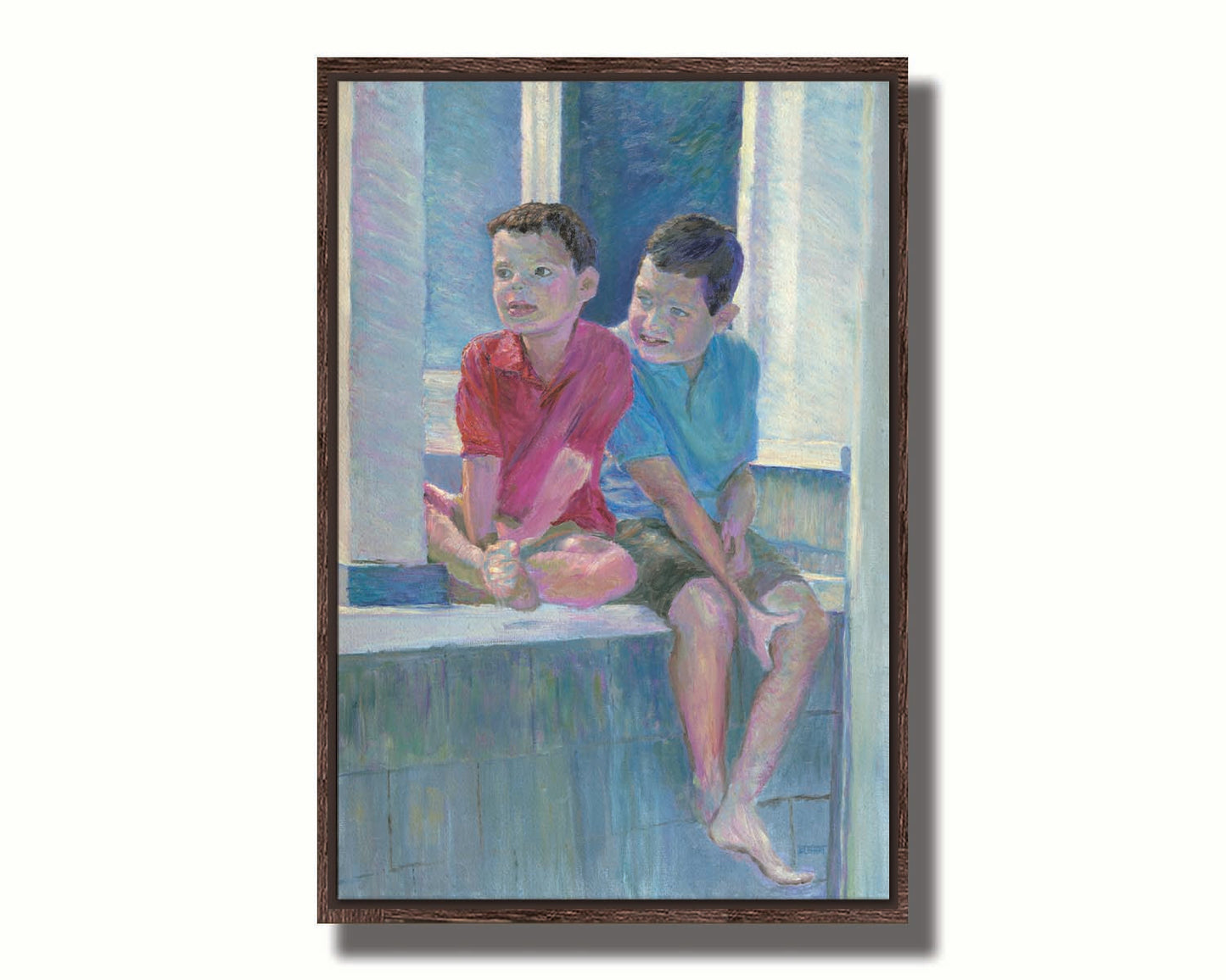 A painting of two children sitting on a window ledge. Printed on canvas in a float frame.