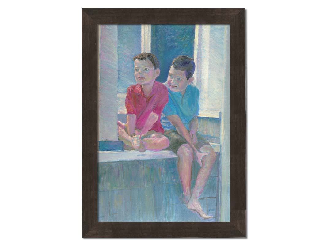 A painting of two children sitting on a window ledge. Printed on canvas and framed.