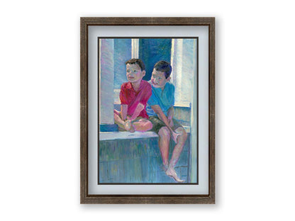 A painting of two children sitting on a window ledge. Printed on paper, matted, and framed.