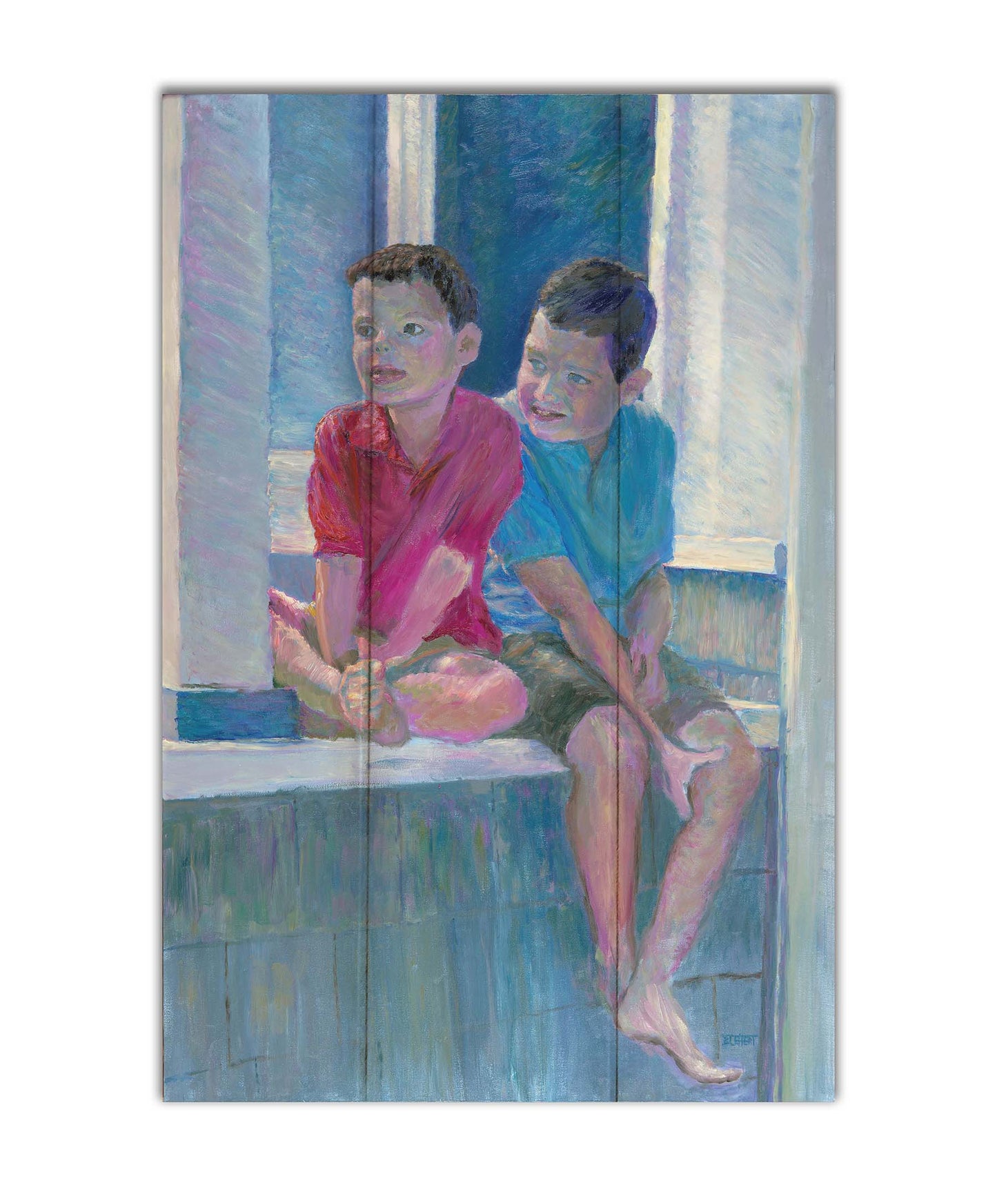 A painting of two children sitting on a window ledge. Printed on a box board.