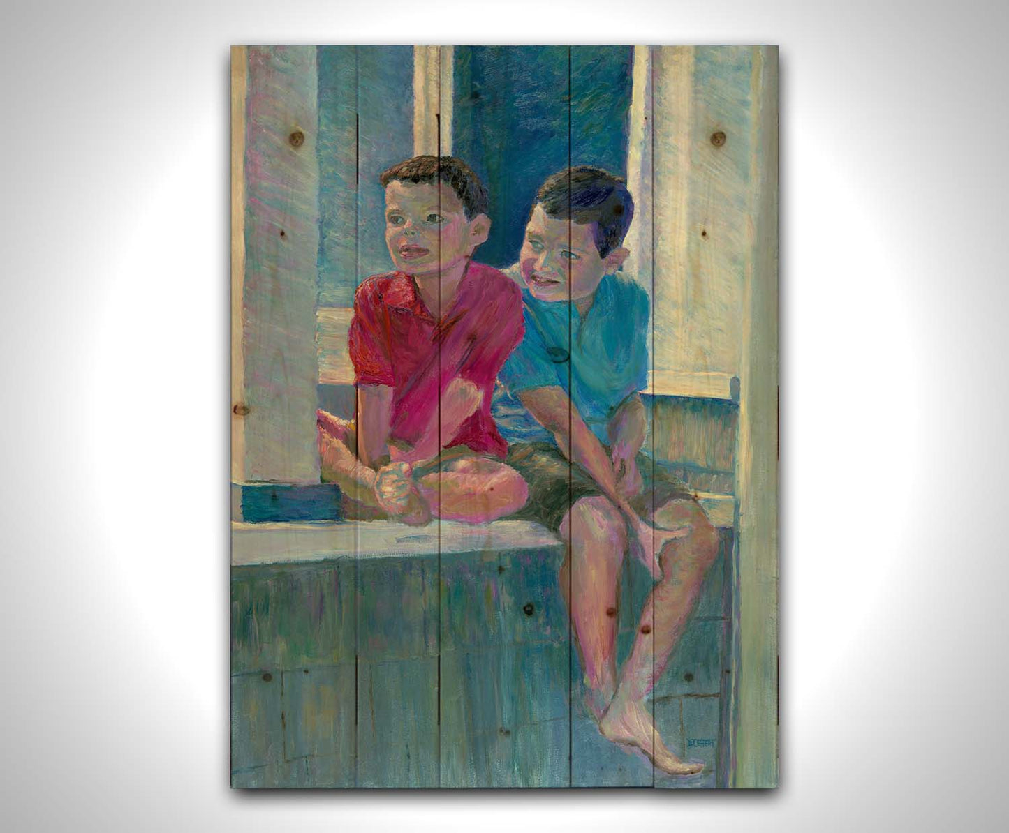 A painting of two children sitting on a window ledge. Printed on a wood pallet.