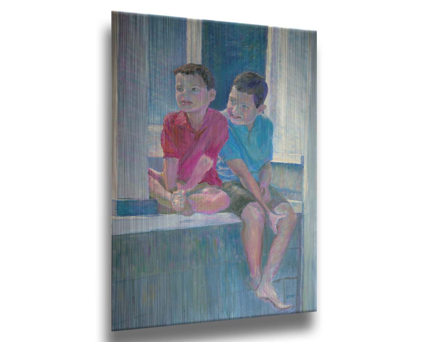 A painting of two children sitting on a window ledge. Printed on metal.