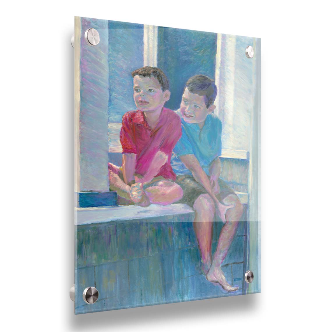 A painting of two children sitting on a window ledge. Printed on acrylic.