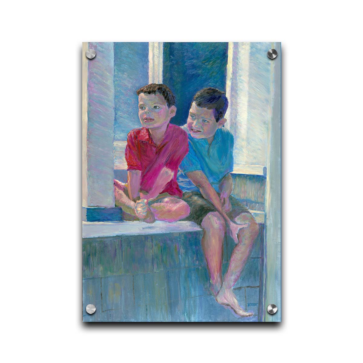 A painting of two children sitting on a window ledge. Printed on acrylic.