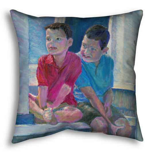 A decorative throw pillow designed with a painting of two children sitting on a window ledge.