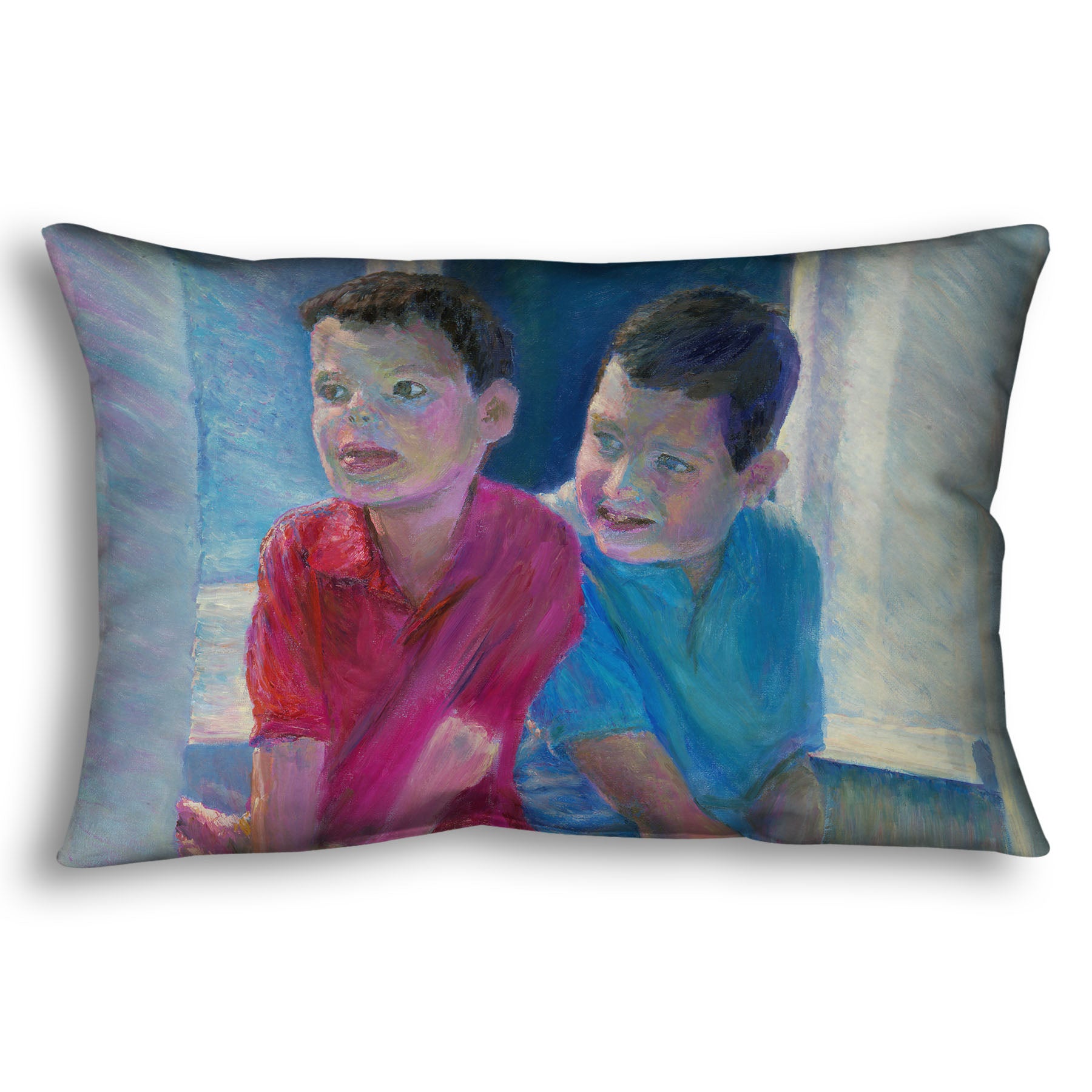 A decorative throw pillow designed with a painting of two children sitting on a window ledge.