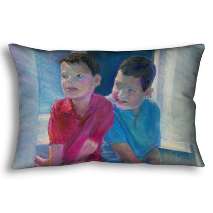 A decorative throw pillow designed with a painting of two children sitting on a window ledge.