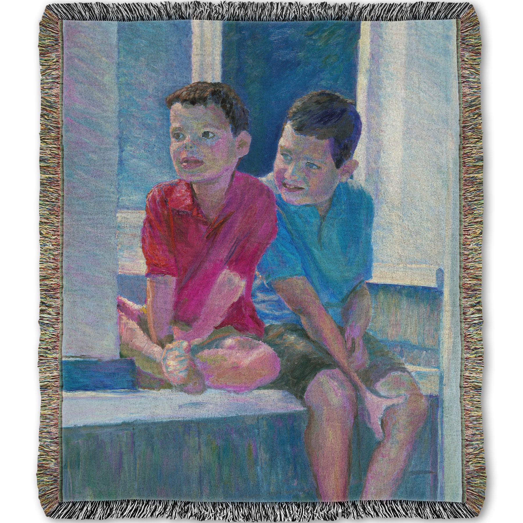 A woven throw blanket designed with a painting of two children sitting on a window ledge.