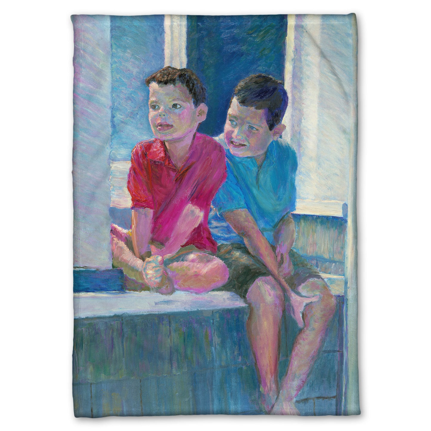 A coral fleece blanket designed with a painting of two children sitting on a window ledge.