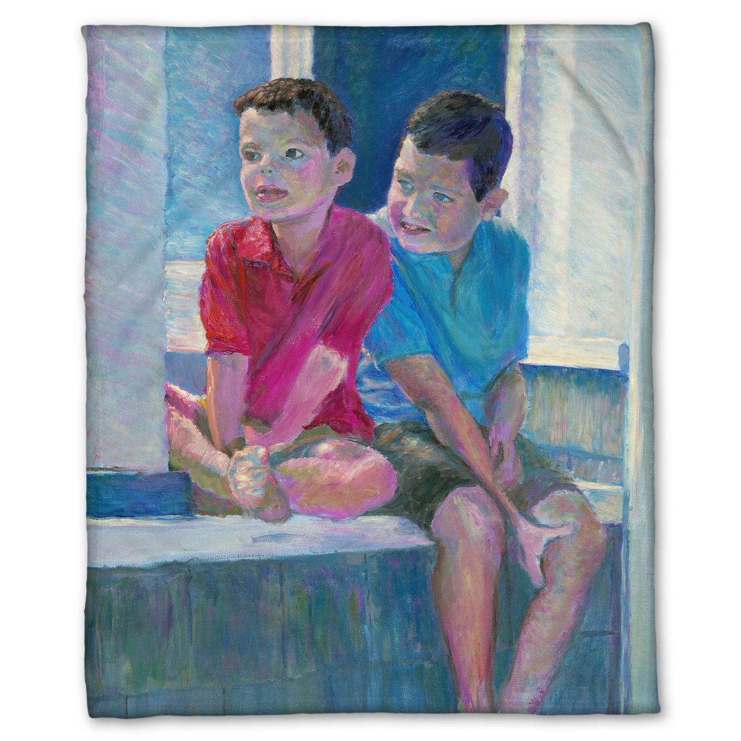 A coral fleece blanket designed with a painting of two children sitting on a window ledge.