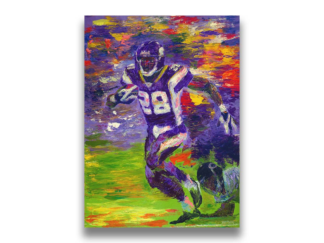 A painting of football player Adrian Peterson running across the field with the ball. Printed on canvas.