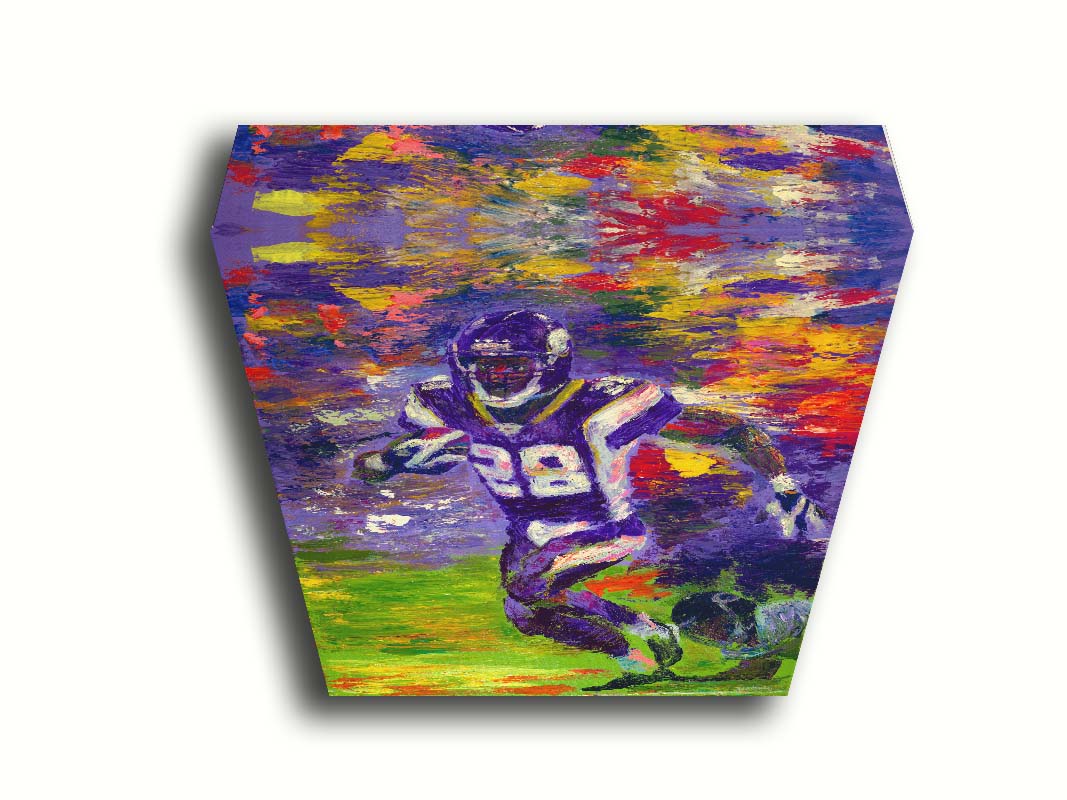 A painting of football player Adrian Peterson running across the field with the ball. Printed on canvas.