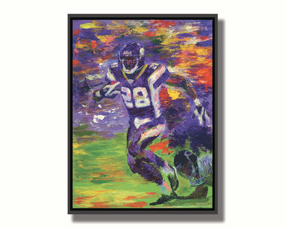 A painting of football player Adrian Peterson running across the field with the ball. Printed on canvas in a float frame.