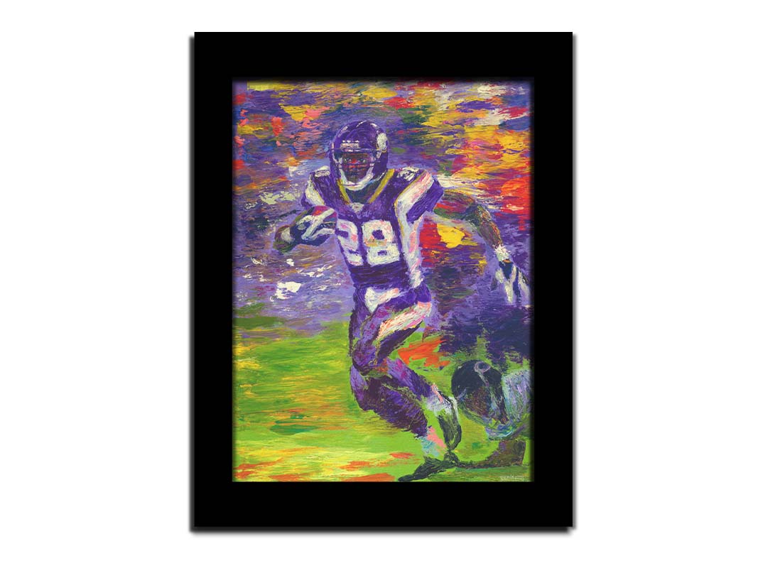 A painting of football player Adrian Peterson running across the field with the ball. Printed on canvas and framed.