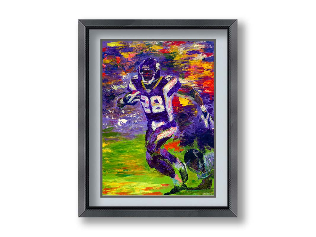 A painting of football player Adrian Peterson running across the field with the ball. Printed on paper, matted, and framed.