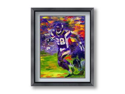 A painting of football player Adrian Peterson running across the field with the ball. Printed on paper, matted, and framed.