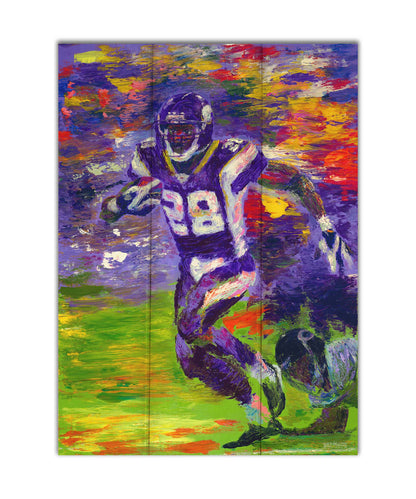 A painting of football player Adrian Peterson running across the field with the ball. Printed on a box board.