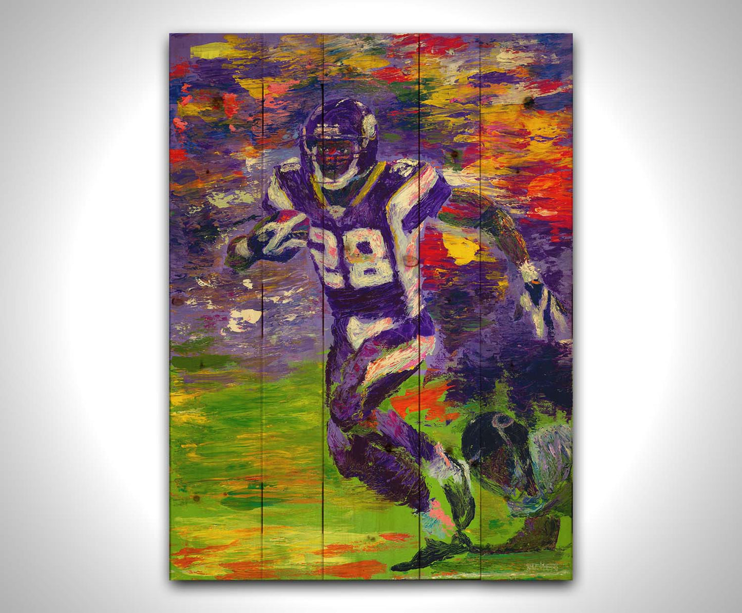 A painting of football player Adrian Peterson running across the field with the ball. Printed on a wood pallet.