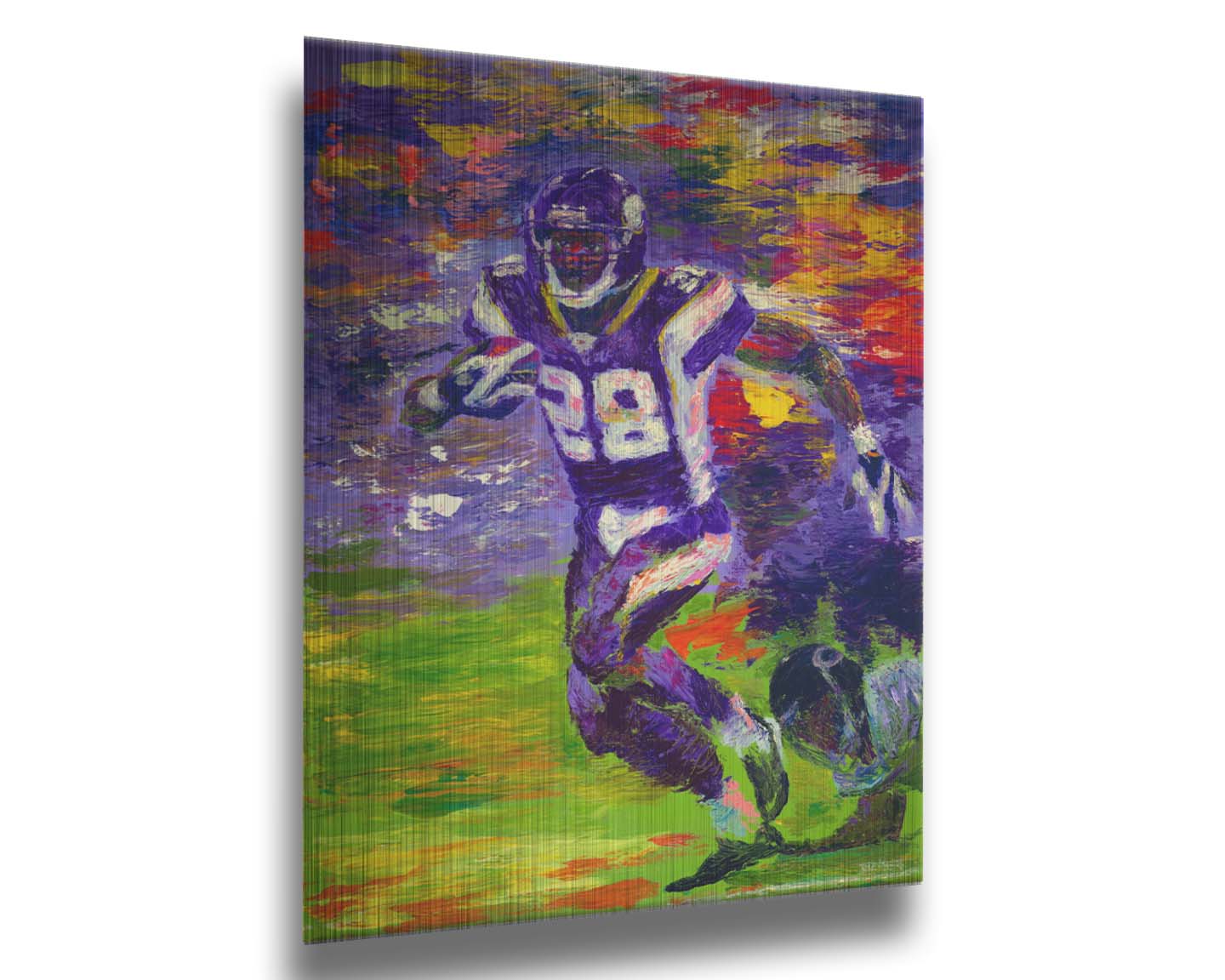 A painting of football player Adrian Peterson running across the field with the ball. Printed on metal.