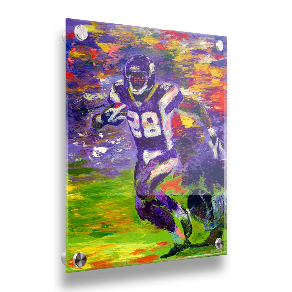 A painting of football player Adrian Peterson running across the field with the ball. Printed on acrylic.