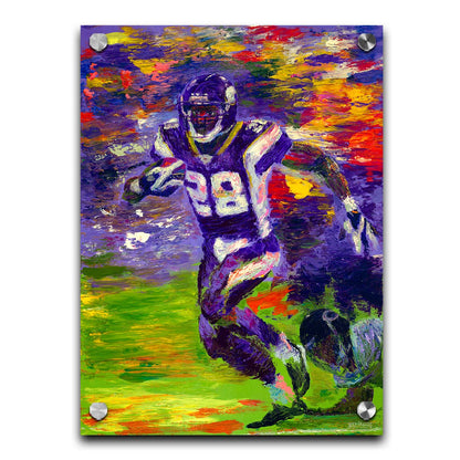 A painting of football player Adrian Peterson running across the field with the ball. Printed on acrylic.